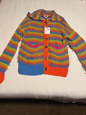YanYan Multicolor Striped Crochet Cardigan with Orange Trim